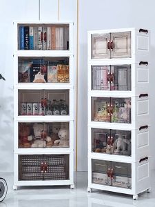 (SG Seller) Magnetic double door free installation foldable wardrobe Snack locker Kitchen living room Sundry toy storage box Cabinet Transparent visible sealed dustproof stable stack with universal wheel