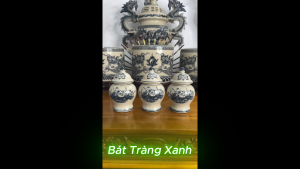 Bộ Đồ Thờ Ban Thờ 1m27 Men Rạn Họa Tiết Vẽ Hoa Sen Bát Tràng – Đầy Đủ Bát Hương Lộc Bình Chóe Kỷ Chén Đèn Dầu