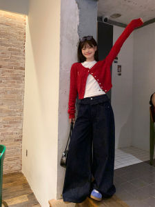 Blue High Waist Flared Design Straight Leg Jeans Womens Loose Long Pants Autumn Season Fashionable Casual High Waist Denim