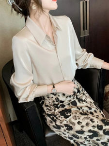 Elegant Long Sleeve Acetate Shirt Womens Fashionable Top Korean Style Straight Cut Polo Collar Button down Autumn Wear