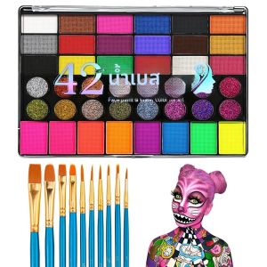 42 สีชุดจิตรกรรมใบหน้าVibrant Water-Acetated Face Painting ชุดสําหรับงานปาร์ตี้วันเกิดและฮาโลวีนรวมแปรงผ้าใบ