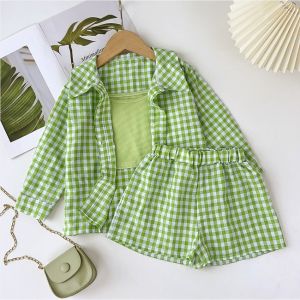 Gấu Lãnh Đạo 3 Mảnh Bộ quần áo Cho Bé Gái xuân thu Sọc Dài Tay Áo Áo Sơ Mi Và Ngắn Màu Xanh Lá Cây màu trơn Vest Trẻ Em Quần Áo Giản Dị Phù Hợp Với 3-7 Năm Trẻ Em Trang Phục