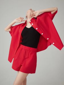 XIAODADEHUA | Red Retro Short Sleeve Shirt Set Jacket Shorts