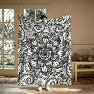 Potdemiel | Black White Mandala Flannel Blanket Soft Warm Christmas Halloween Blanket for Lightweight Cozy Room Home Decor Gifts