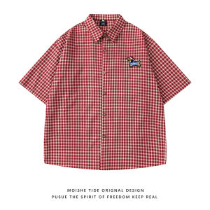 MOISHE TIDE Casual Loose Summer Shirt Short Sleeve Embroidered Plaid Cotton Polyester Blend Men Women College Style Leisure