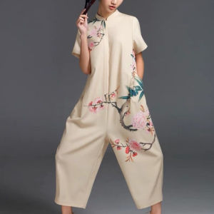 New 2025 Chinese Style Small Stand Collar Half Sleeve Jumpsuit Womens Fashion One-Piece Summer Commute mid Waist Unique Design