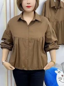 Fashionable Long Sleeve Womens Shirt Spring Autumn New Style Loose plus Size Slimming Solid Color Open Cardigan Polyester Blend