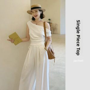 YUEZHONGWEI | French Design Irregular White Shoulder Short Sleeve T-shirt Women Summer Slim Fit Exposed Shoulder Short Style Upper Apparel