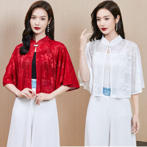 ย้อนยุค ชุดกี่เพ้า ลูกไม้ ผ้าคลุมไหล่เปิด คาร์ดิเกน ผู้หญิง ฤดูร้อน หลวม เสื้อแจ๊กเก็ตป้องกันแสงแดดแบบบาง เรียบหรู Cowl เสื้อโค้ท