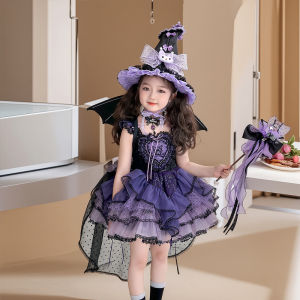 Lolita Princess Dress for Girls Summer Performance Costume Short Sleeve High Waist Polyester Fiber Soft Witch Devil Dress