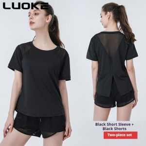 Luoke 运动裤 yoga t-shirt for women Quick Drying Clothes Thin 2 in 1 Shorts Gym Sports Running Clothes Loose 2PCS
