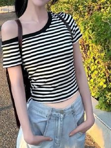 Áo Thun Tay Ngắn Thiết Kế Mùa Hè Cho Nữ Pure Desire Áo Thun Tay Ngắn Ôm Vừa Vặn Họa Tiết Sọc Hở Vai Gợi Cảm