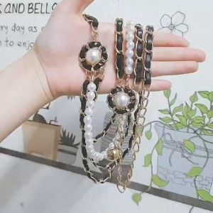 Thắt lưng dây xích da hoa ngọc 3 tầng đai váy xích chuỗi hạt ngọc gắn hoa