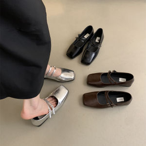 French Evening Breeze Silver Single Shoes Womens Flat Bottom Temperament Fairy Commuter Square Toe Shallow Mouth Mary Jane