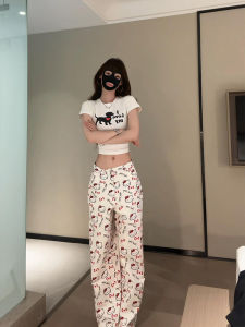 XIANGBAIWEI | Cute Cartoon Cat Print Womens White Straight Loose Jeans