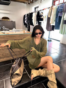 French Hollow out Long Sleeve Military Green Knitted Womens Summer Loose Lazy Style Sun Protection Coat Medium Length Top Thin