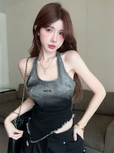 American Retro Tie Dye Gradient Spicy Girl Denim Halter Top Women Summer Outwear Irregular Sleeveless Shirt Street Style High Waist