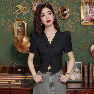 Áo Sơ Mi Ren Ôm Vừa Vặn Cổ Chữ V Tay Ngắn Mùa Hè Cho Nữ Áo Sơ Mi Nhỏ Kiểu Trung Quốc Mới Áo Chui Đầu Thường Ngày