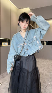 Womens Denim Jacket Short Sleeve Long Sleeve V-Neck Pure Color Button up Cardigan Top Summer New Arrival Casual Fashion