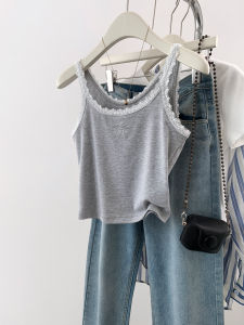 Gray Butterfly Knot Lace Mini Strap Vest Women Summer Outerwear New Style Backless Short Sleeveless Top Inner Wear