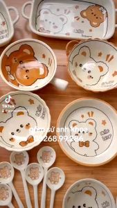 Siêu Sale - Tổng Hợp Bộ Bát Đĩa Gốm Sứ Decor Bát Ăn Cơm Bát Ăn Chè Chén Dĩa Dễ Thương Bộ Gấu Kem Vàng Xinh Yêu dễ thương