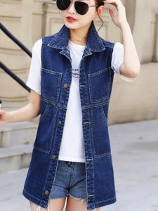 เสื้อกั๊กยีนส์ทรงหลวมสำหรับผู้หญิง ฤดูใบไม้ผลิและฤดูใบไม้ร่วง 2025 แฟชั่นใหม่ กระชับสัดส่วน เสื้อคลุมยาว กระเป๋า แขนยาว