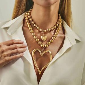 PuRui Exaggerated Vintage Large Heart Pendant Necklace Fashion Creative CCB Beaded Chain Party Banquet Accessories Jewelry Gift