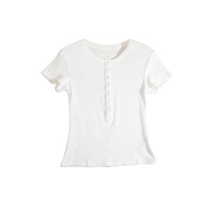 Simple Versatile White Slim Fit Womens Cotton Henley Shirt
