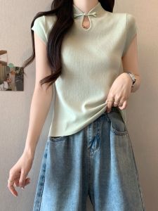 Short Ice Silk T-Shirt Womens Summer Fashion plus Size Micro Plump MM Slimming New Chinese Style Button up Top National Style Small Shirt