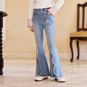 Little Naive | Fashionable Spring-Summer Frayed Flared Stretch Denim Pants