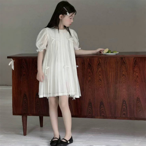 Princess Style White Dress for Girls with Butterfly Knot Bubble Sleeves Childrens Fashion Summer New Arrival Girls Dress
