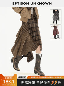 Eptison High Waist Plaid Mini Skirt Womens Autumn New Style American Retro Asymmetrical Splicing Long Skirt A-Line Skirt