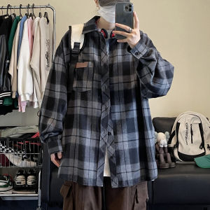 Hong Kong Style Plaid Shirt Mens Spring New Loose Long Sleeve Striped Outerwear Casual Fashion Classic Pattern Polyester Fiber