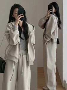 Premium Casual Two-Piece Outfit with Hoodie and Wide Leg Pants