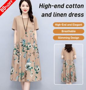 Cotton linen loose dress women summer print casual Aline dress women slimMm