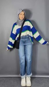 Baju Atasan Couple Pasangan Bareng Bestie Terbaru Rajut Belang Pria dan Wanita Lengan Panjang Korean Style Sweater Knit Oversize