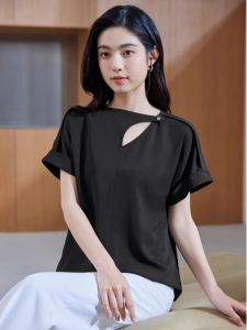 WANGGONGZHU | Acetate Short Sleeve Womens T-shirt Summer Thin New Design Loose Casual Top Princess Style Commute Simple Pure Color Polyester