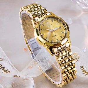 OLEVS Jam Tangan Couple Terbaru 2025 Anti Air Bercahaya Kalender Berlian Dial Tali Jam Baja Tahan Karat Mode Elegan