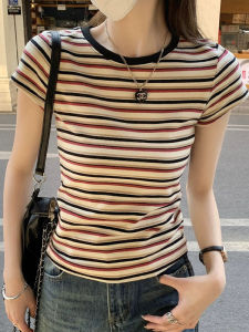 New Red Striped Chic Color Block Womens T-shirt Summer Comfortable Fit Short Sleeve round Neck Casual Style Pure Cotton Top