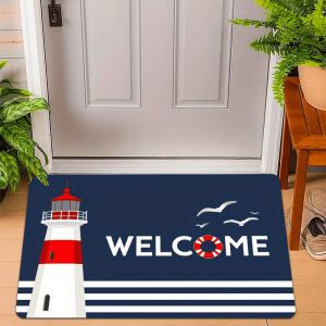 VIKAMA Nautical Lighthouse Welcome Doormat Non-Slip Bathroom Mat Soft Short-Pile Ocean-Themed Entry Rug Home Decor