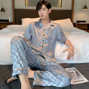 Mens Summer Ice Silk Sleepwear Thin Short Sleeve Long Pants Home Clothes Set Large Size 200 Pounds Black Youth Home Suit