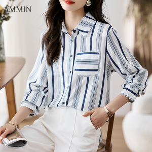 AMMIN Fall 2023 new simple lapel fashion vintage irregular striped print patchwork long sleeve commuter chiffon shirt Womens Korean style pocket patchwork single breasted raglan sleeve elegant blouse