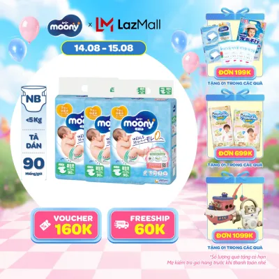 [12-14.08 QUÀ TẶNG SLCH] Combo 3 tã dán cao cấp Moony Newborn 90 miếng - Nhập khẩu từ Nhật Bản