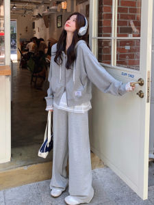 Gray Korean Style College Windbreaker Womens Set 2025 Autumn New Hat Sweatshirt Wide Leg Pants Three Piece Set Fashionable