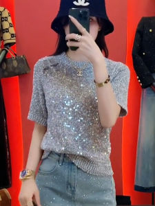 Shiny Sequin Short Sleeve Knitted Sweater Womens Summer Loose Thin Top Korean Style Commute Apple Shape Sandal Shape