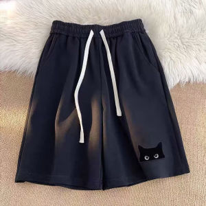 Temperament New Unbranded Minimalist Trend Black Cat Print Casual Shorts For Women Lazy And Versatile Fashion