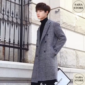 Áo khoác nam dáng dài SAHA05 blazer kẻ caro rộng măng tô dạ hàn quốc choàng ngoài big size to lớn 3xl 4xl 90kg 100kg