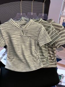 Summer New Style Womens Slim Fit Short Sleeve T-Shirt Striped Short Length Chinese National Style High End Feeling Top