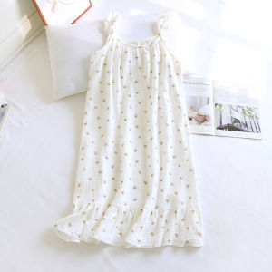 Summer Thin Pure Cotton Bubble Cotton Yarn Sweet Small Floral round Neck Pullover Lace Mid Length Long Length Home Slip Nightdress