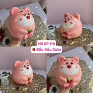 (19x18x18cm) 🍓 Gấu Dâu Cute - Mã SP 110 Heo đất Gấu Dâu Lotso Ôm trái dâu ống tiết kiệm chất liệu thạch cao